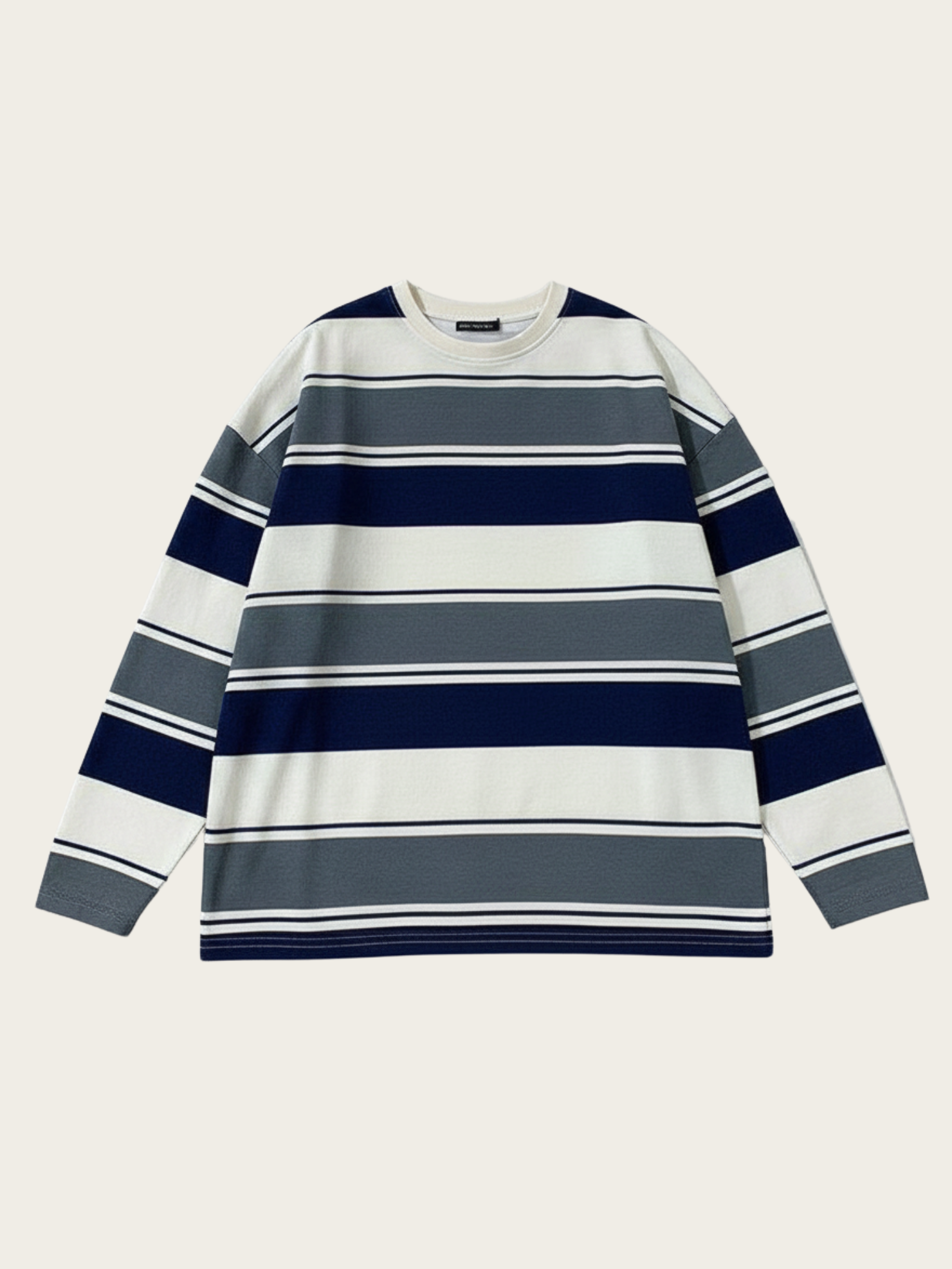 Striped long-sleeve shirt with blue and white horizontal stripes on a beige background