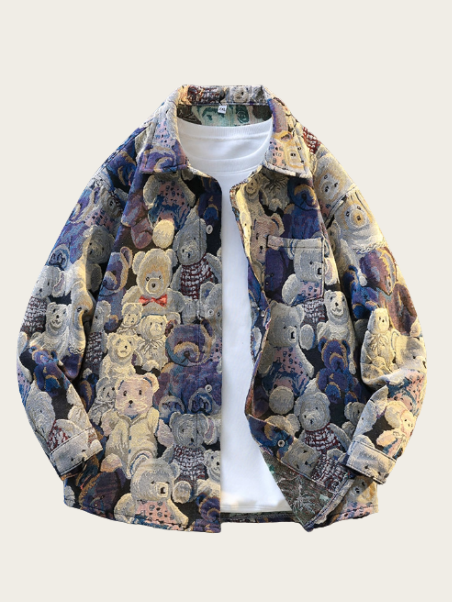 Patterned jacket with teddy bear design on a white background