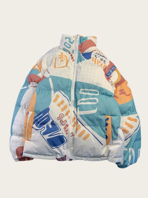 Multicolored quilted jacket with graphic design on a white background
