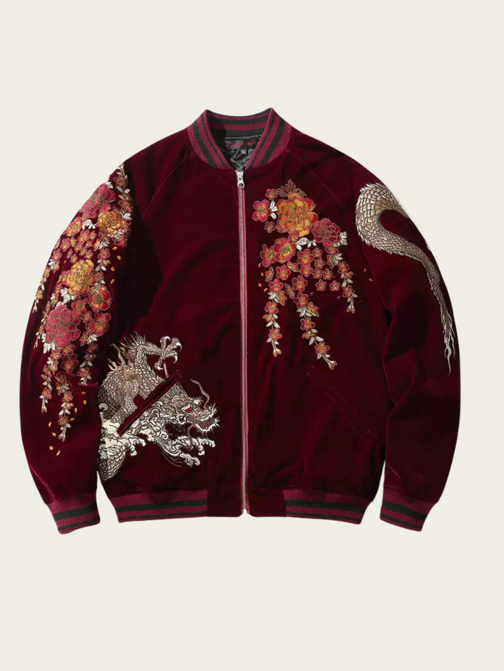 Maroon jacket with floral and dragon embroidery on a beige background