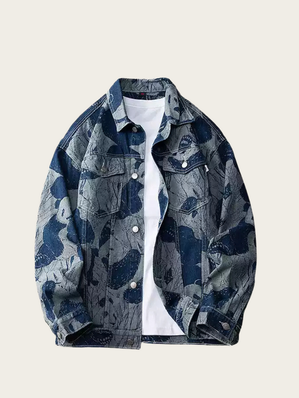 Camouflage denim jacket on a beige background