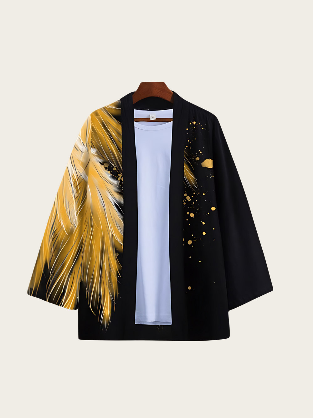 Feather Print Kimono Cardigan – Gold Flame & Silver Frost Haori