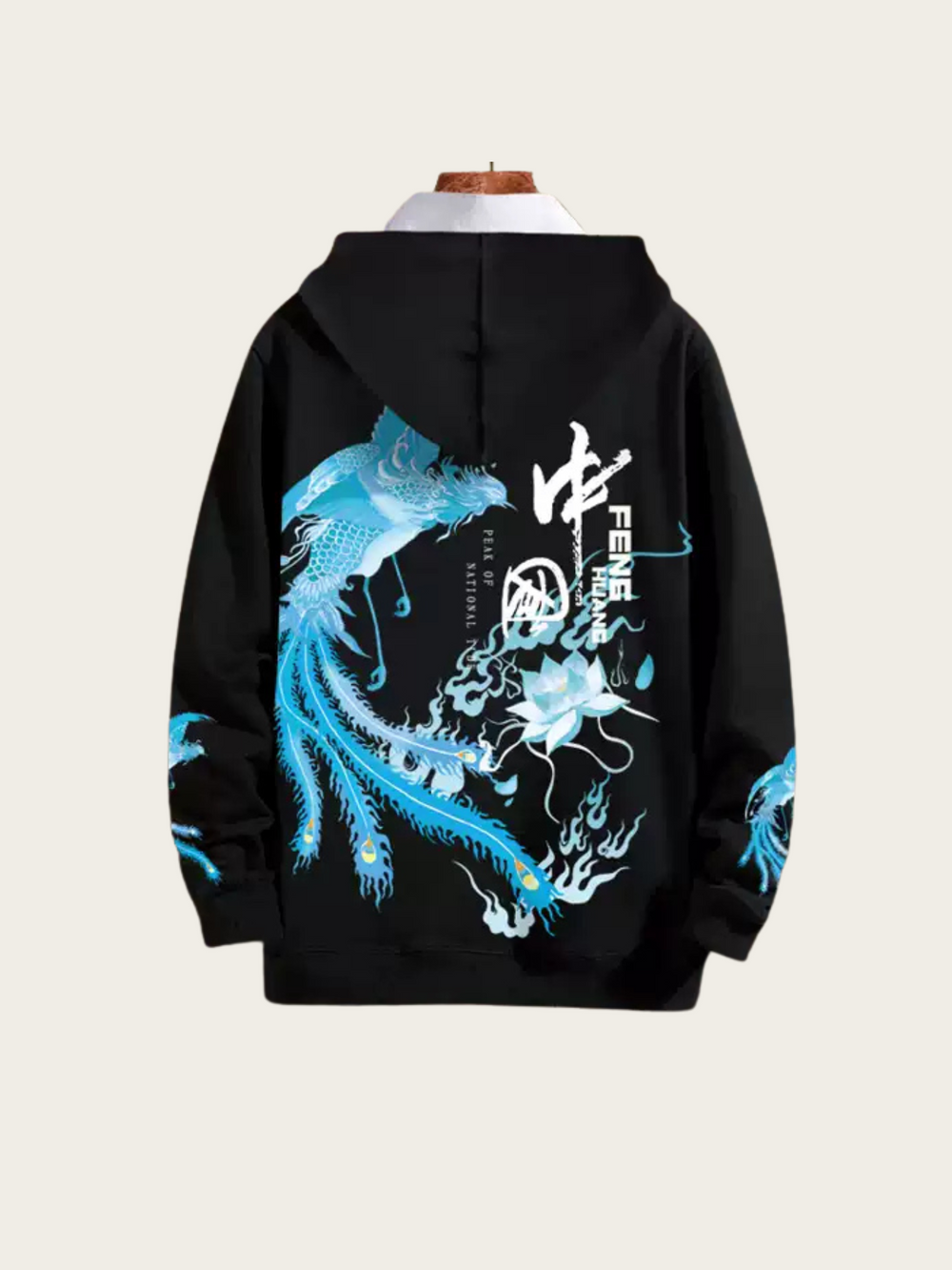 Black hoodie with blue and white dragon design on the back against a light gray background