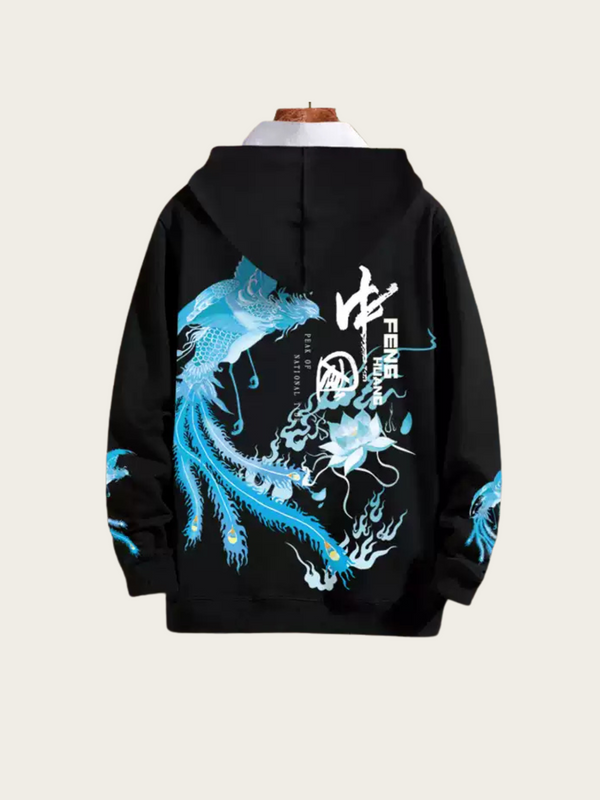 Black hoodie with blue and white dragon design on the back against a light gray background