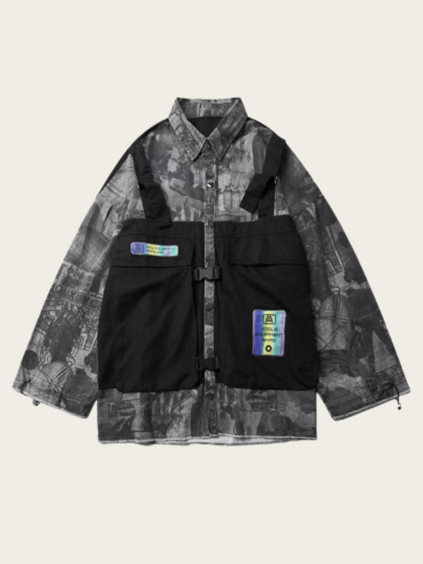 Black and gray jacket with colorful patches on a beige background