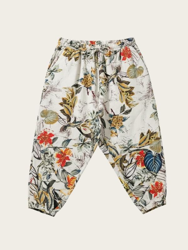 Floral-patterned pants on a white background