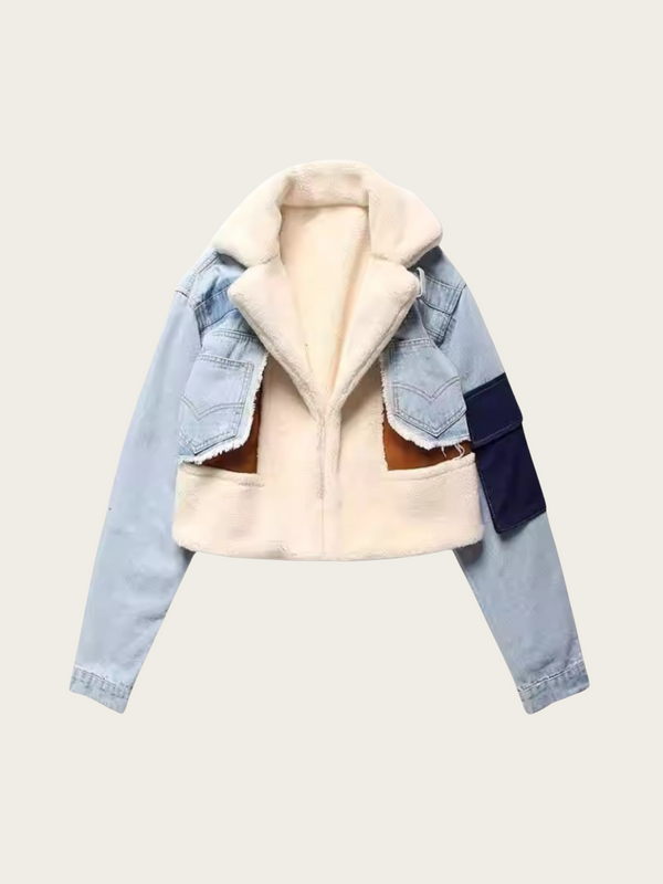Denim jacket with a cream fur-lined hood on a beige background