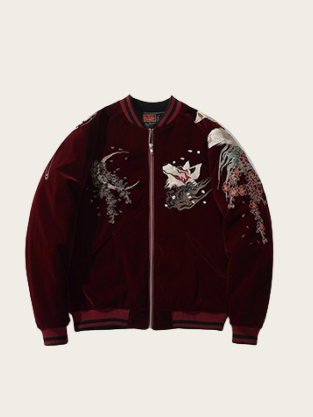 Burgundy jacket with artistic designs on a beige background