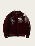 Burgundy jacket with artistic designs on a beige background