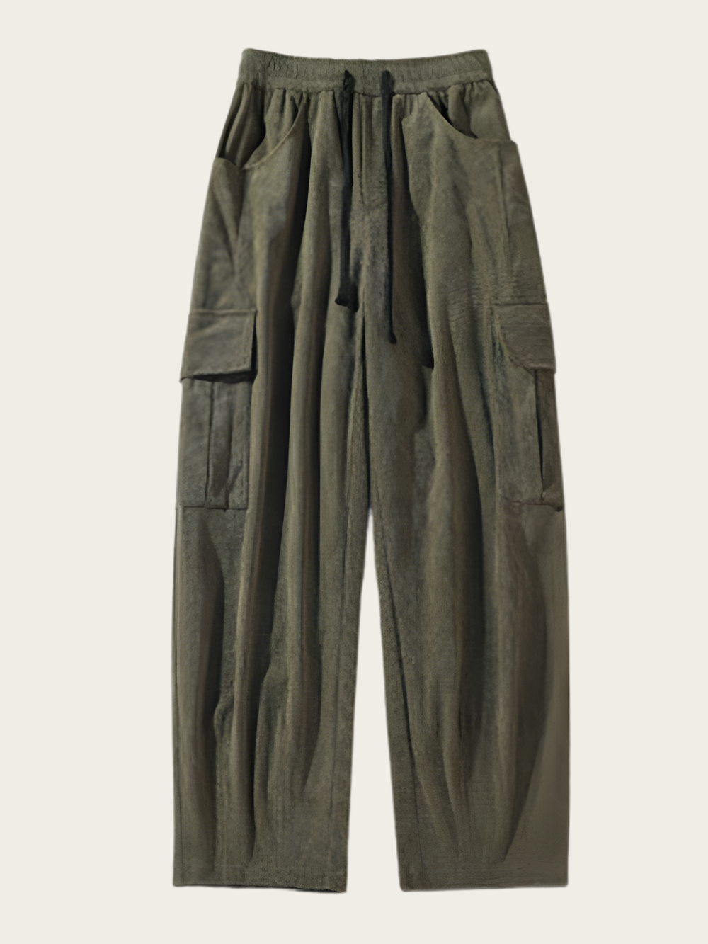 Green cargo pants on a light beige background