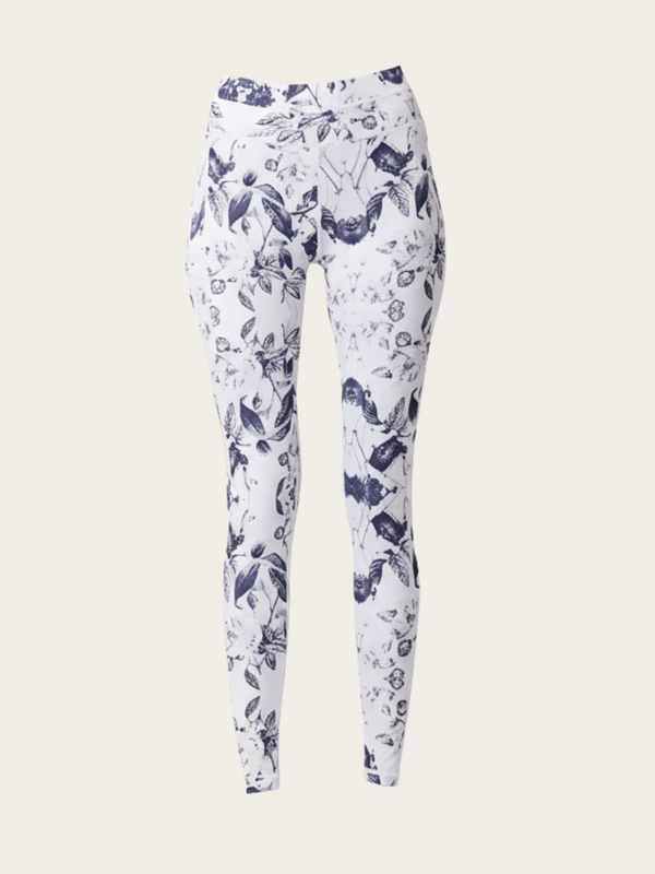 White leggings with blue floral pattern on a white background