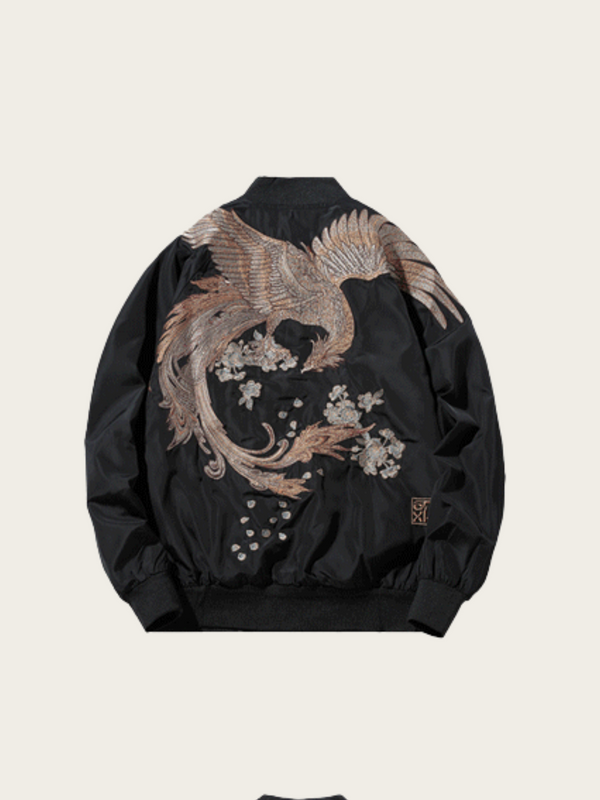 Embroidered Phoenix Bomber Jacket – Mythical Elegance in Black