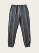 Striped pants with blue and gray stripes on a beige background