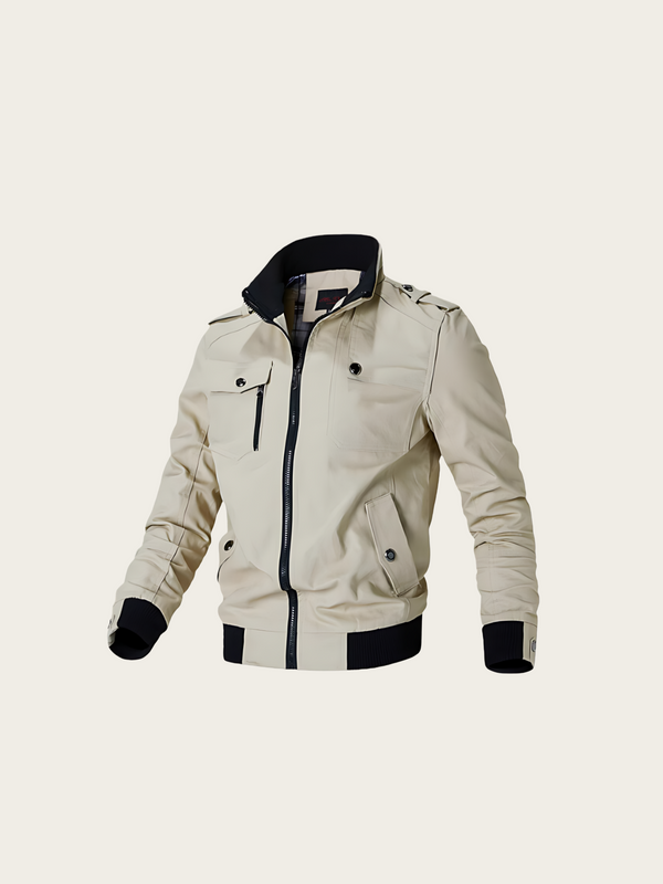 Beige jacket with black accents on a white background