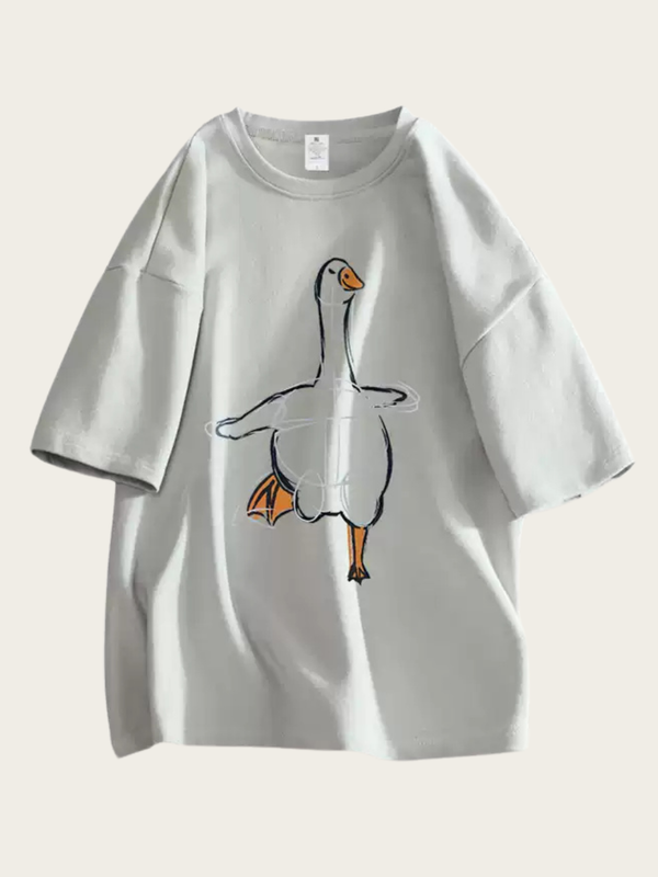 White t-shirt with a goose graphic on a light gray background