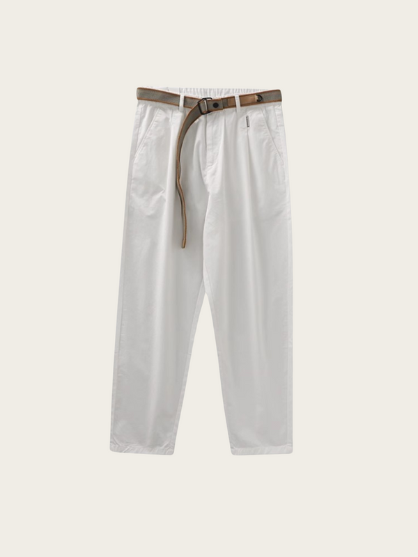 White pants with a brown belt on a white background