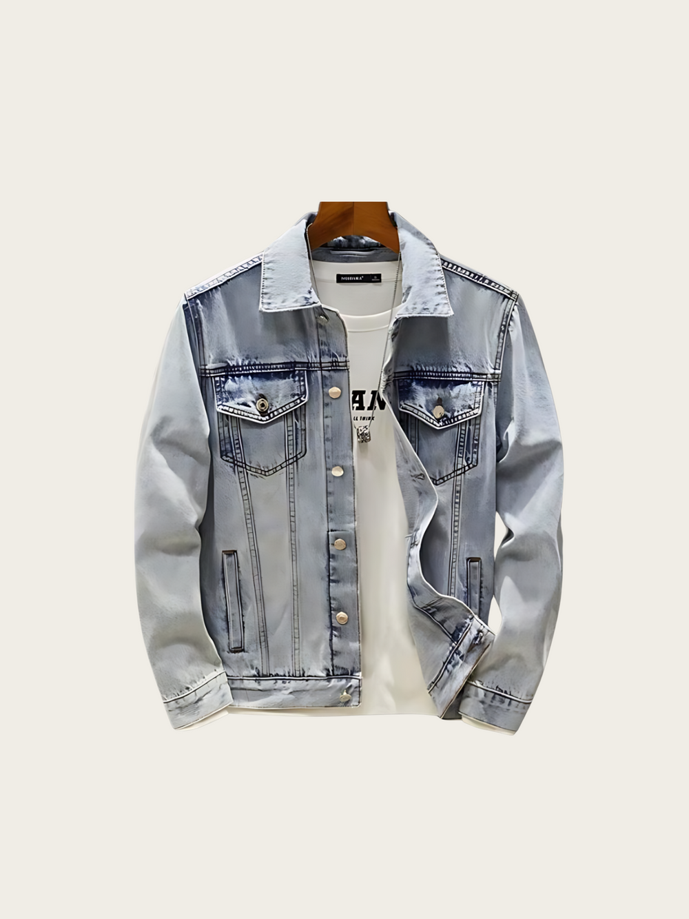 Light blue denim jacket on a white background