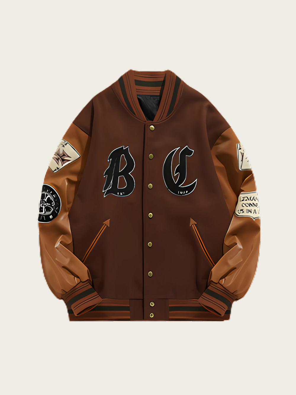 Brown varsity jacket with patches on a beige background