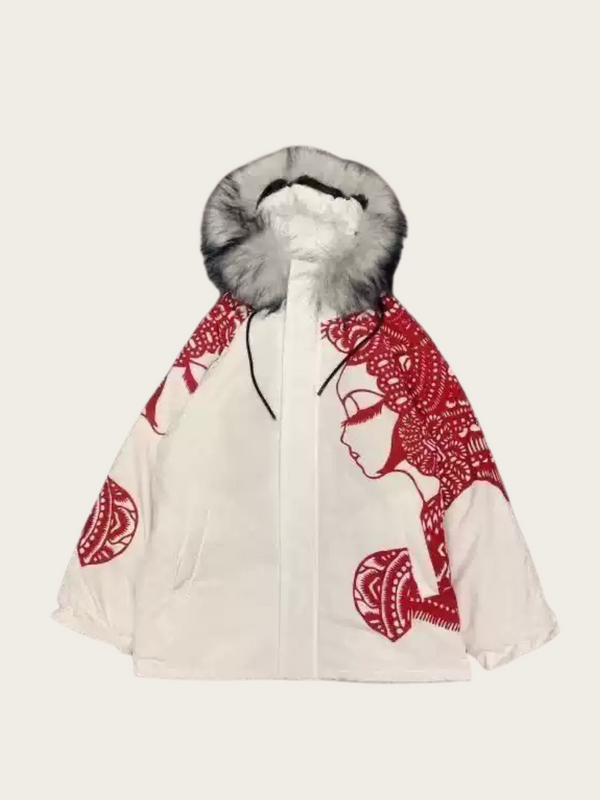 White coat with red patterns and fur hood on a white background