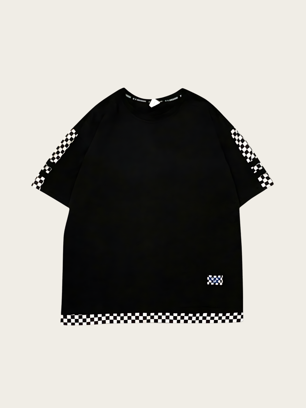Black t-shirt with checkered sleeves and bottom on a light beige background