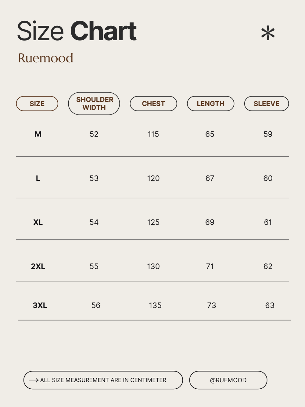 Size chart for clothing by Ruemood with measurements in centimeters.