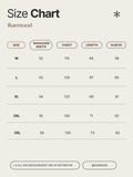 Size chart for clothing by Ruemood with measurements in centimeters.