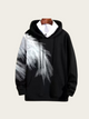 Black hoodie with white feather design on a beige background
