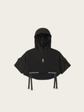 Black hoodie with brand logo on a light gray background