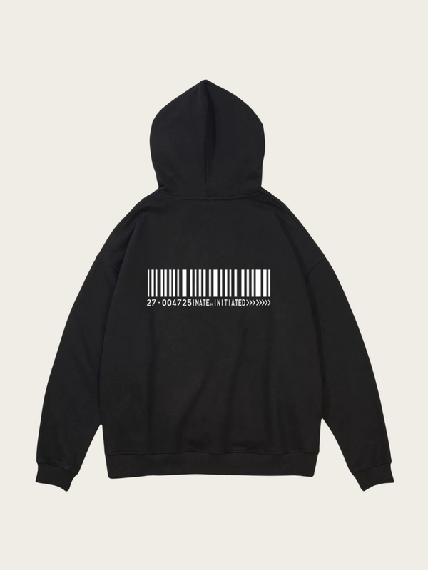 Black hoodie with a barcode design on the back against a beige background
