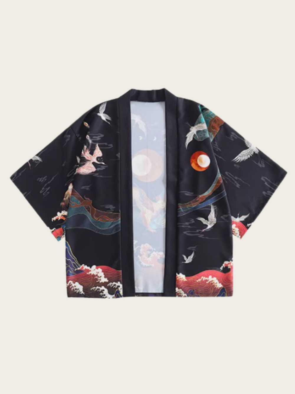 Mythical Crane & Dragon Kimono Jacket – Celestial Wave Pattern