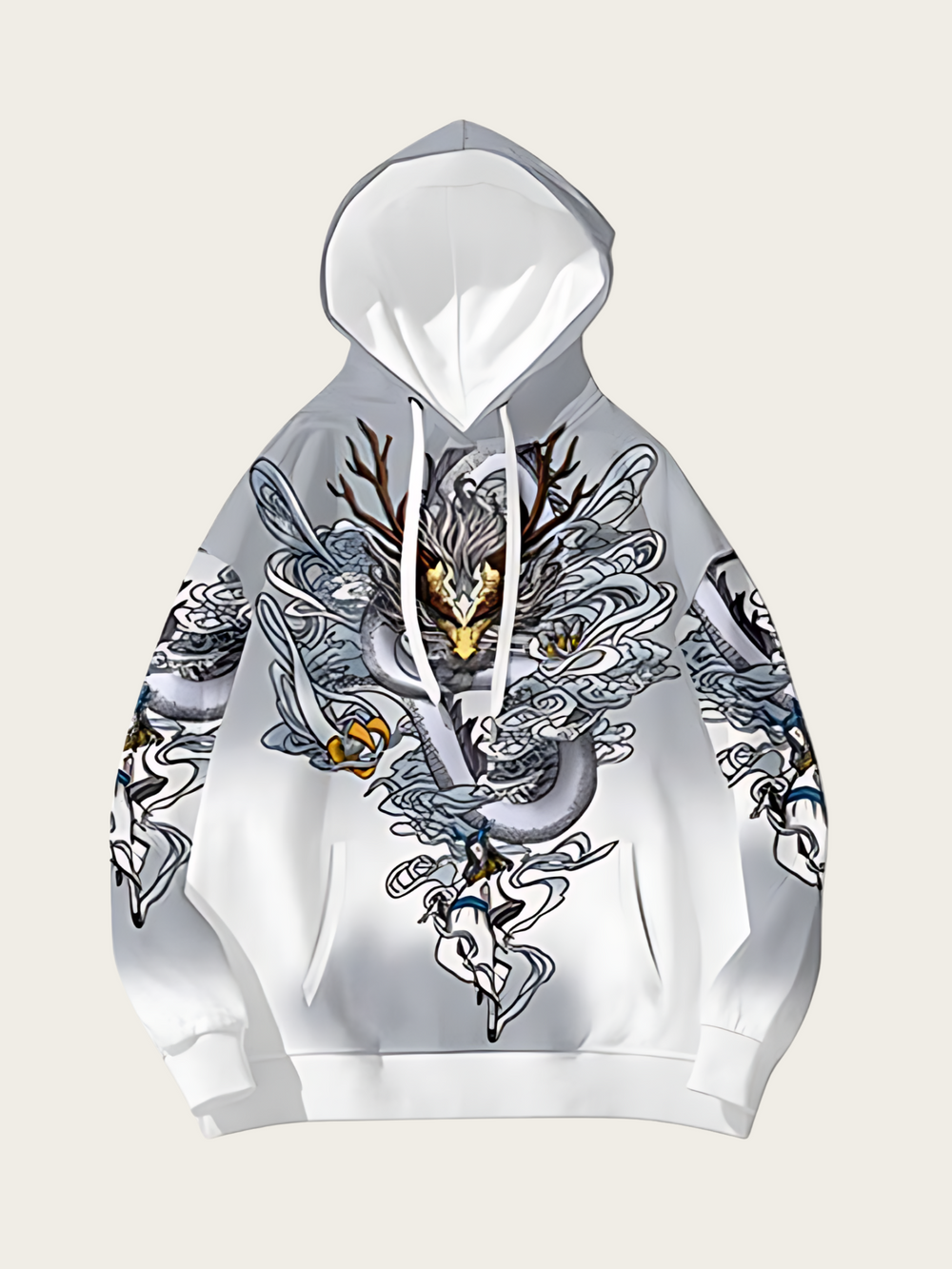 White hoodie with intricate dragon design on a light gray background
