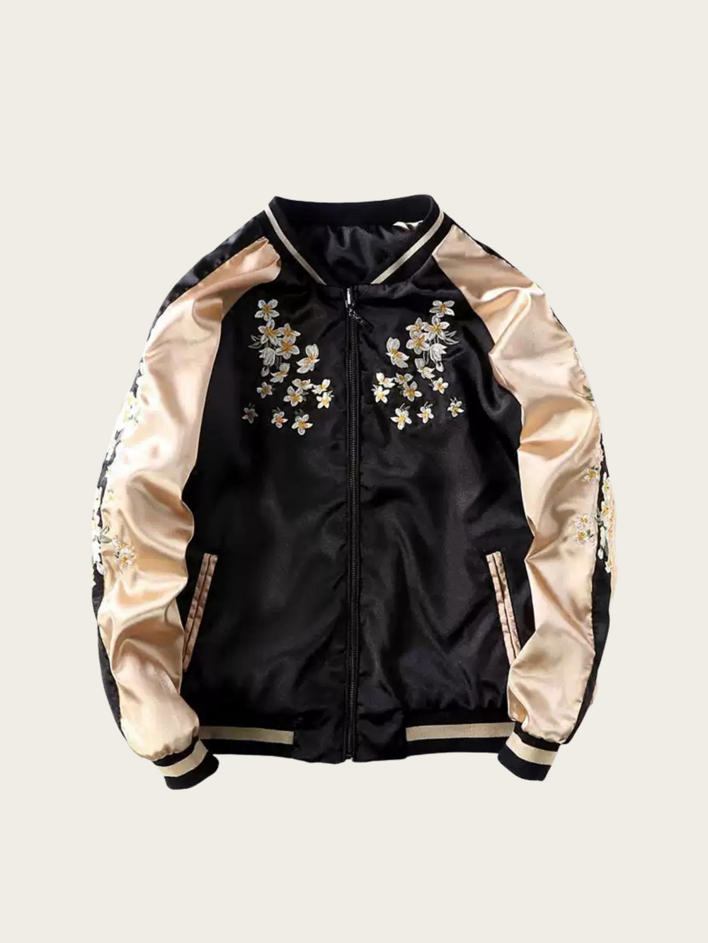 Black and gold jacket with floral embroidery on a light gray background