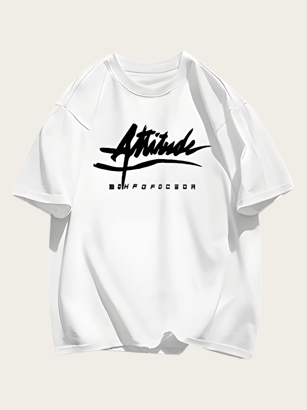 White t-shirt with black text on a white background