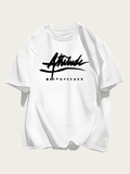 White t-shirt with black text on a white background