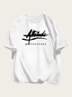 White t-shirt with black text on a white background