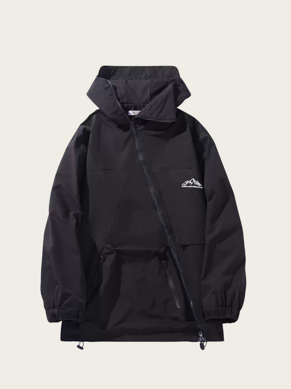 Black jacket with a logo on a beige background