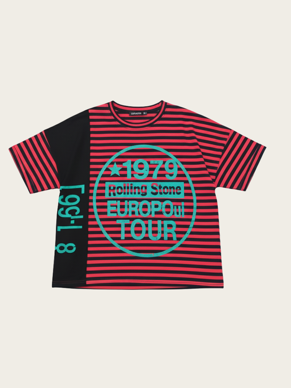 Red and black striped t-shirt with green text on a beige background