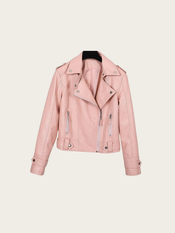 Pink leather jacket on a light beige background