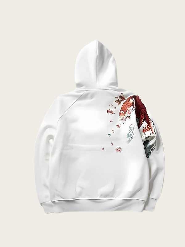 White hoodie with a colorful graphic design on the back against a light beige background