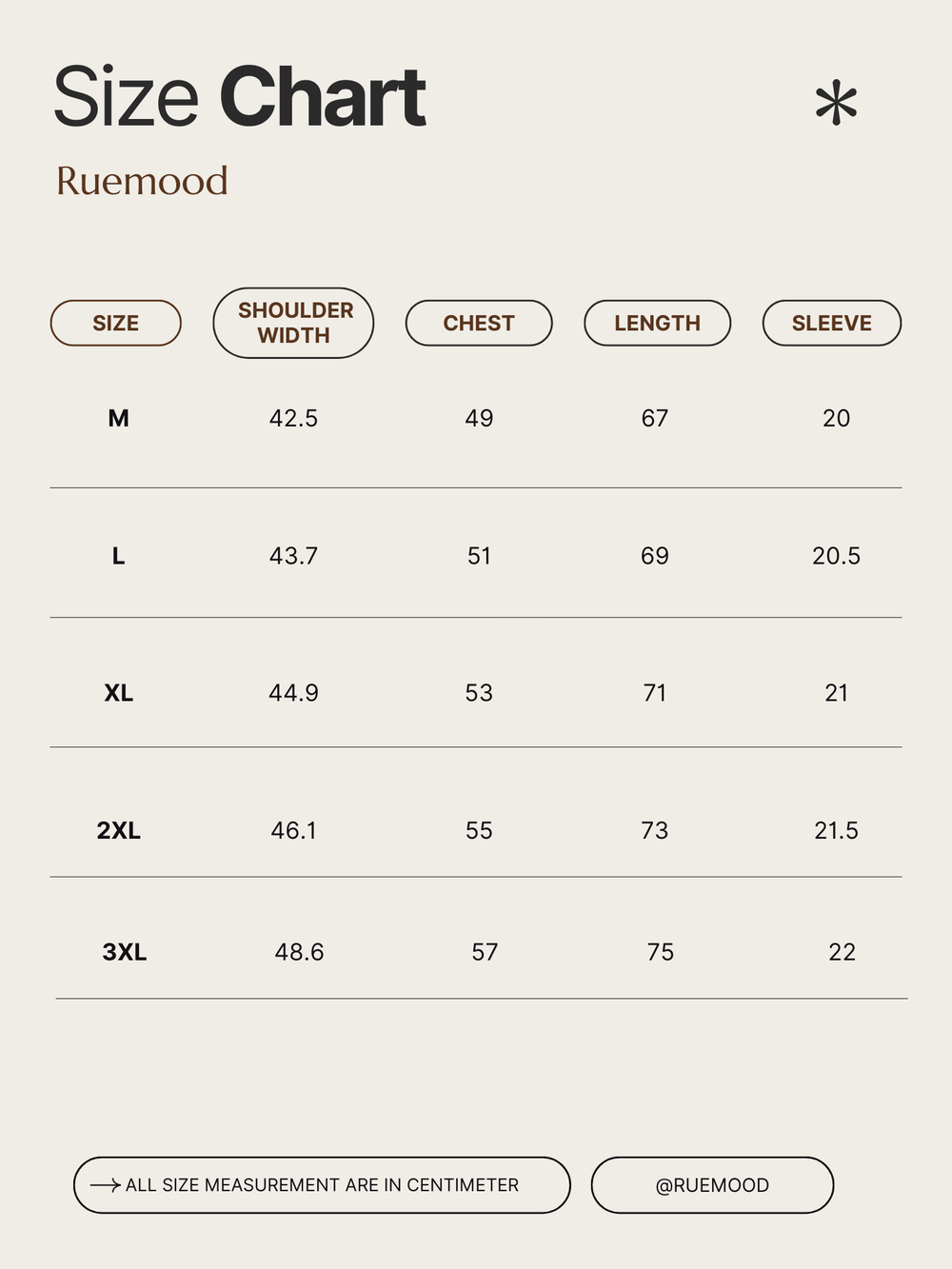Size chart for clothing by Ruemood with measurements in centimeters.