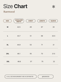 Size chart for clothing by Ruemood with measurements in centimeters.