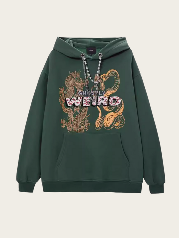 Green hoodie with dragon design and 'Weird' text on a beige background