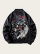 Black bomber jacket with dragon and tiger embroidery on a beige background