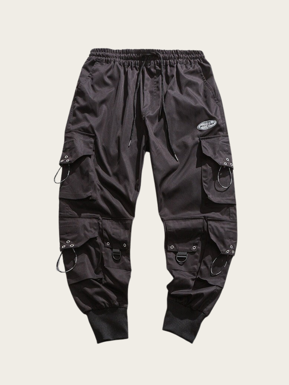 Black cargo pants on a light gray background