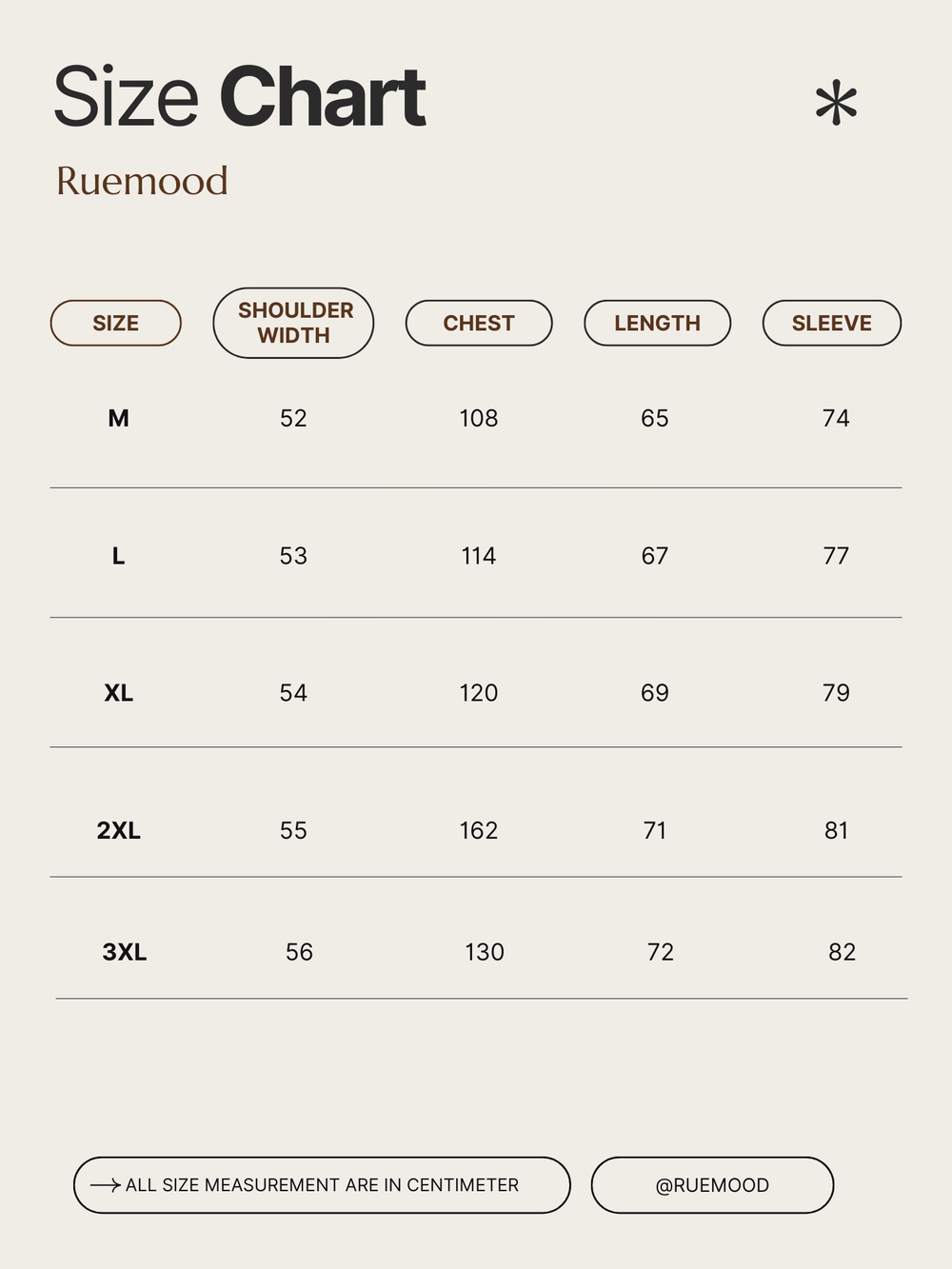 Size chart for clothing by Ruemood with measurements in centimeters.
