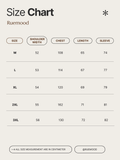 Size chart for clothing by Ruemood with measurements in centimeters.