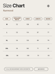 Size chart for clothing by Ruemood with measurements in centimeters.