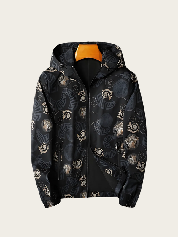 Black patterned jacket on a light gray background