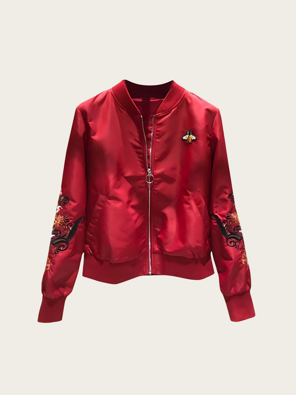 Red Satin Bomber Jacket with Embroidered Sleeves & Bee Patch