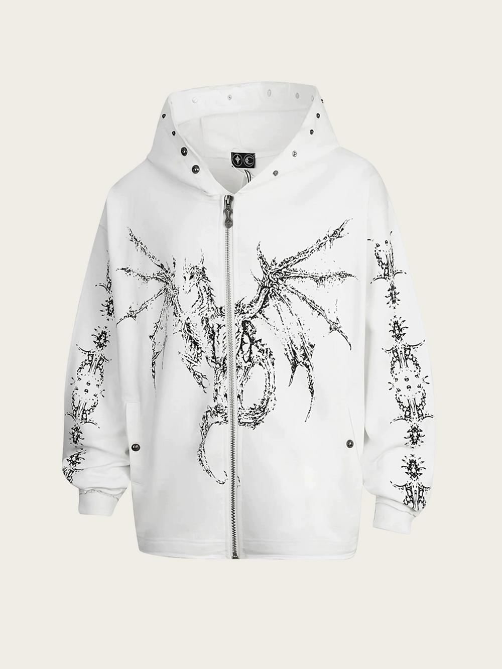 White hoodie with black dragon design on a white background